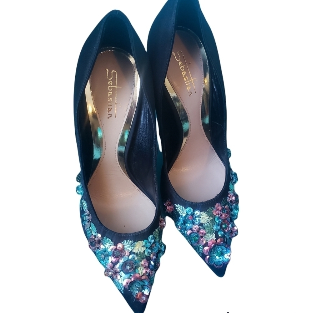 Sebastian Satin Heels With Floral Sequin